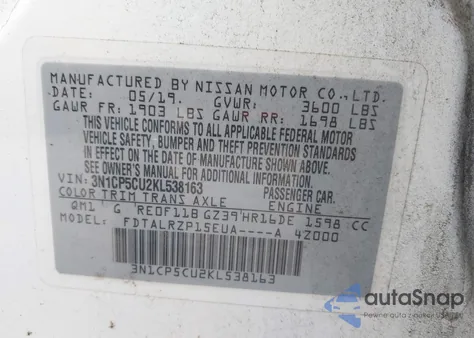 2019 Nissan Kicks S z USA, uszkodzony, nr VIN 3N1CP5CU2KL538163